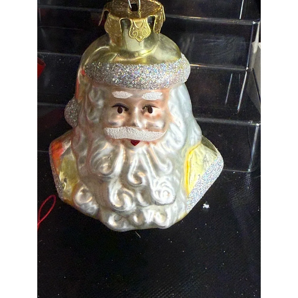 Vintage Blown Glass Santa Claus Bust Christmas‎ Ornament Glitter Accents Gold